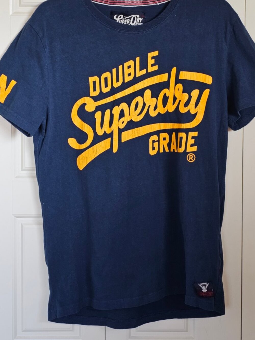 Superdry Men's Double Grade Graphic T-Shirt Navy Blue Varsity Yellow Medium